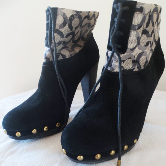 COACH EDIVA Size 7B Boots, Suede Canvas Ankle Platform 4" Heel Booties Studded - Picture 2 of 7